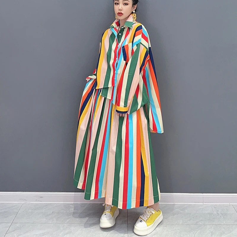 Korean style multicolor striped loose womens casual twopiece irregular shirt and skirt decal set JJSE033 250122