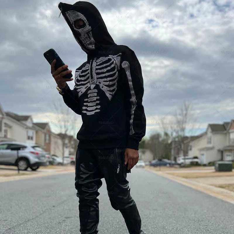 Mens Rhinestone Skeleton Sweatshirt Korean Fashion Punk Sport Coat Pullover skull graphics Goth Long Sleeve Hoodie Y2k jacket W250117