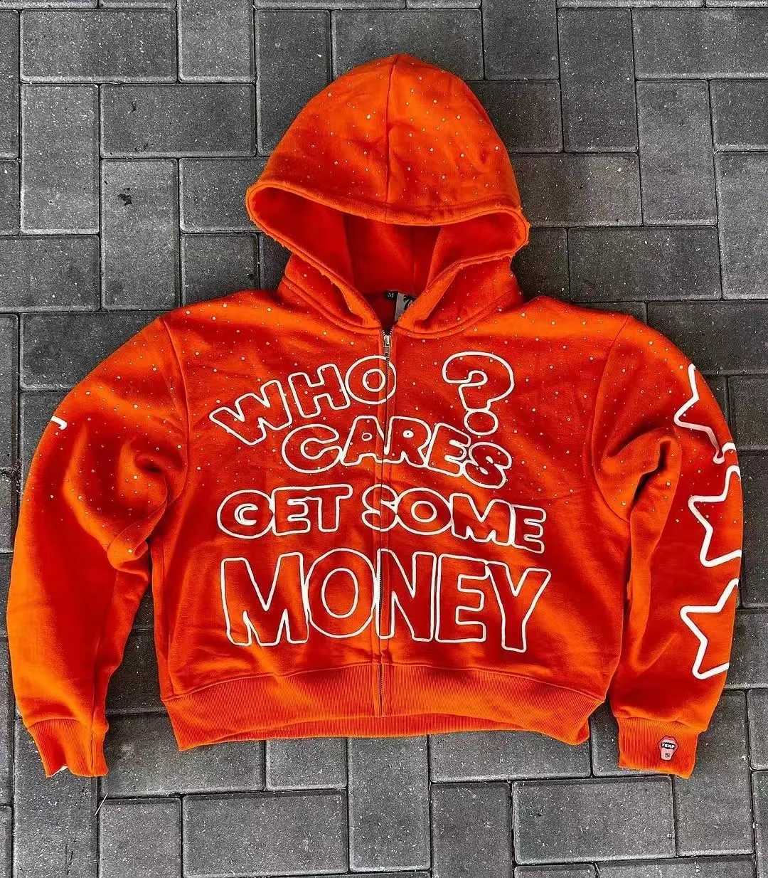 Who Cares Get Some Money Applique Printed Zip Hoodie Y2K Womens Graphic Sweatshirt Retro Streetwear Man Casual Hooded Sweatshirt W250117