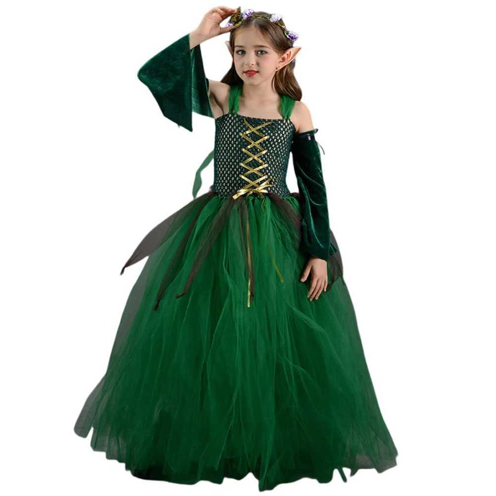 Kids Girls Elf Cosplay Tutu Dance Skirts Costume Children Roleplay Dress Up Performance Stage Dress Elf Earrings Halloween Cloth W250117