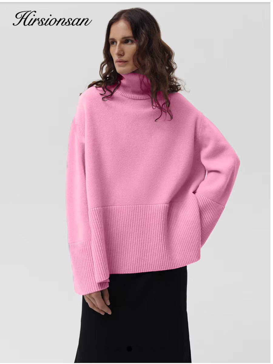 Hirsionsan Chic Turtle Neck Autumn Winter Sweater Women Soft Warm Basic Knitted Split Pullover Loose Casual Female Jumper