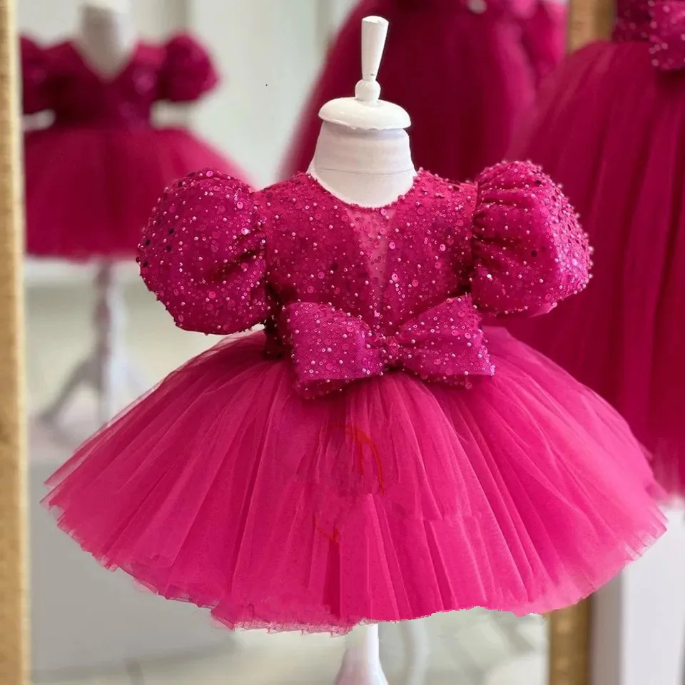 Toddler Girls Sequin Bow Party Dress Kids Lace 1st Birthday Gown Baby Pink Birthday Tutu Dresses Infant Girl Fashion Costume 250115