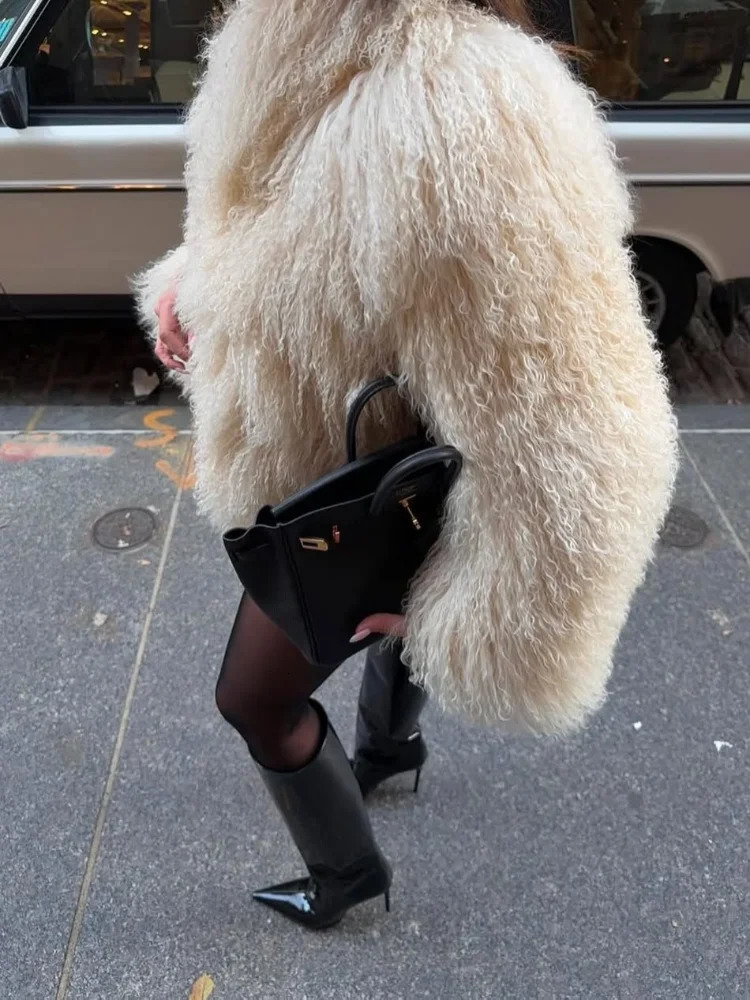 2025 Winter Lapel Thicken Fluffy Fur Coat Women Chic Brown Oversized Full Sleeve Plush Furry Jacket Lady High Streetwear 250115