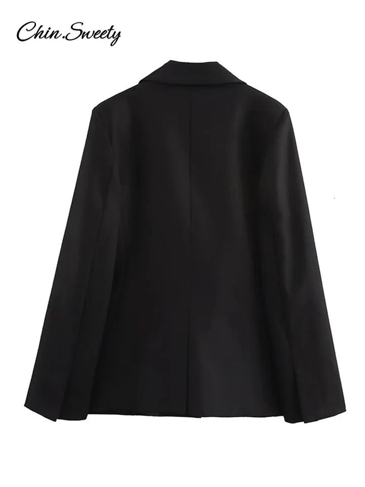 Spring Shoulder Pad Womens Black Blazer Fashion Lapel Flap Pocket Slim Button Suit Jacket Female Lady Commute Outwear 250109