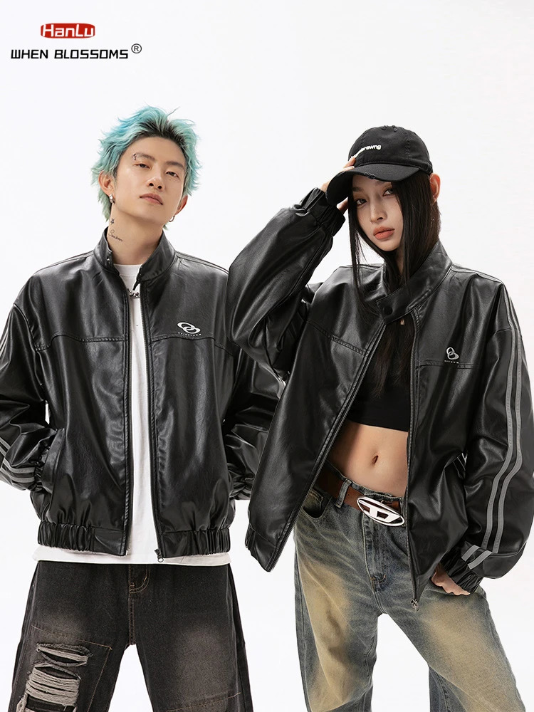 Metal Printed Black PU Leather Jacket for Men and Women Trendy American High Street Spring Couple Trend 250120