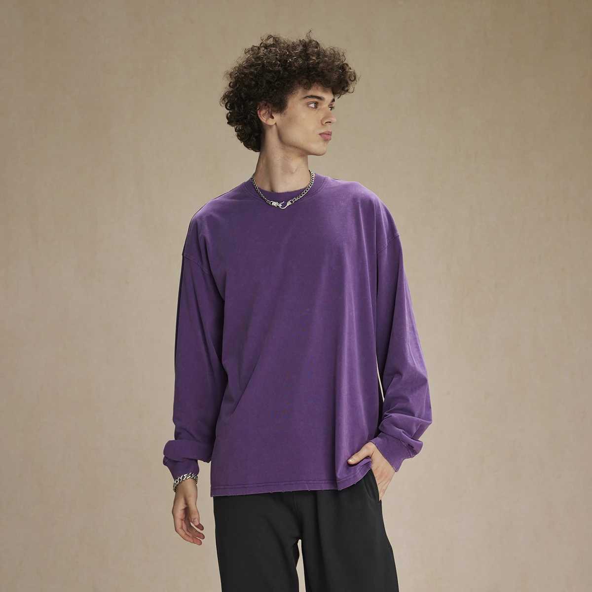 275g heavy-duty hip-hop Trbottomyy brand high street loose oversized washed old round neck long sleeved T-shirt spring and summer mens bottom shirt W2