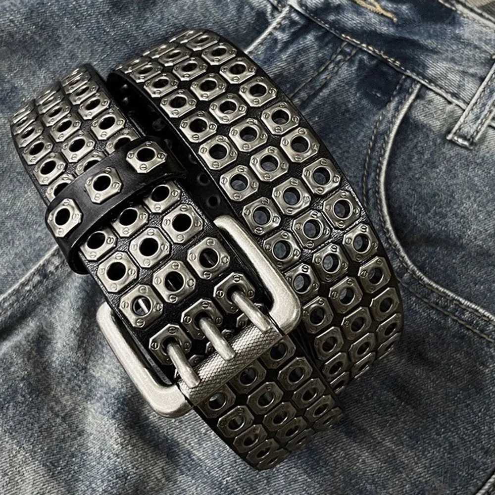 3.8cm Width PU Leather Belt With Metal Rivet Design For Unisex Punk Style Trouser Jeans Belt 3 Pin Buckles Waistband Goth Belt W250120