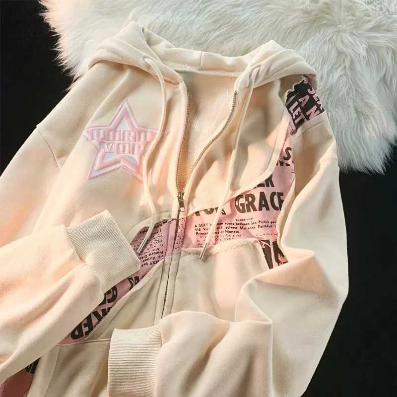 Y2K Zipper Hoodies Women 2023 Pride Street Star Letter Print Splice Cardigan Hoodies Women Fashion Loose Coat Top Street Wear W250117