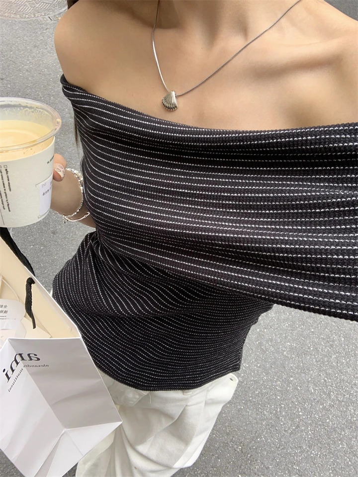 Chic Women Sexy Off Shoulder T-shirt Summer Knitting Stripe Slim Crop Top Y2K Vintage Harajuku White Tee Elegant Female Clothes 250110