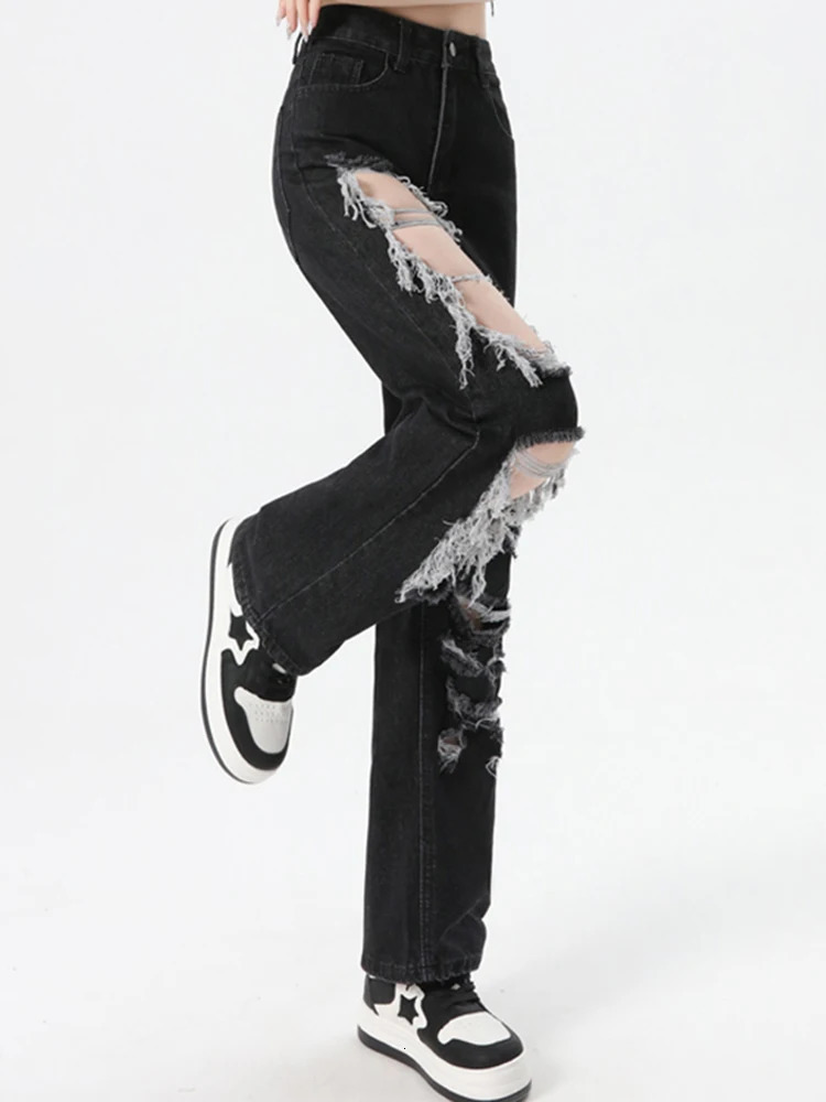 Women Korean High Waist Grunge Ripped Jeans Lady Street Gothic Denim Straight Leg Pants Girls Fashion Black Hole Trousers 250122