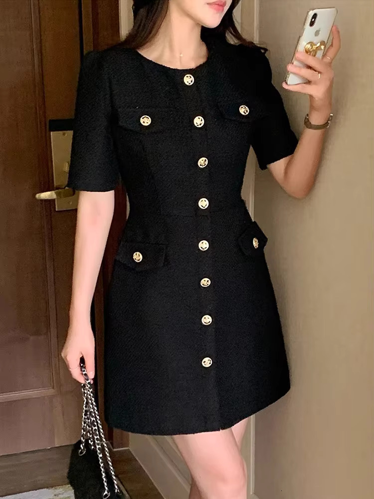 Temperament Small Fragrance O-Neck Vestidos 2024 Summer Korean Chic High Sense Tweed Puff Sleeve Dress Short Dresses Woman