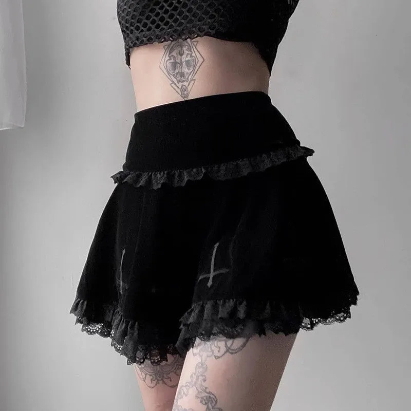 Lamuusaa Punk Gothic Skirt 2000 Black Dark Academia Cross Print High Waist Pleated Aline y2k Vintage Lace Skirts 250110Z