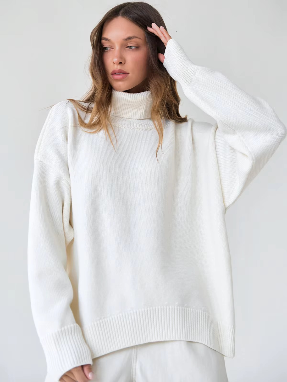 Fashion Women's Turtleneck Autumn Winter New Knit Pullover Oversized Jumper Female Loose Casual Solid White Sweater Tops