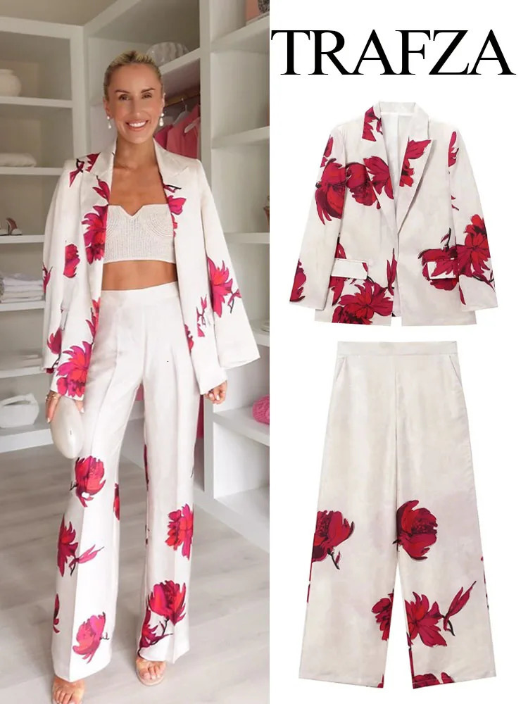 TRAFZA Womens 2piece Elegant Printed Collar Long Sleeve Pocket Decorative Jacket TopUltra Thin Loose Side Zipper Wide Leg Pants 250122