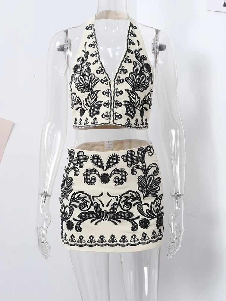 Print Crop Top Mini Skirt Sets Women Beach Sleeveless V-neck Backless Vest High Waist Skirt Female Suit 2025 Summer Lady Set 250113
