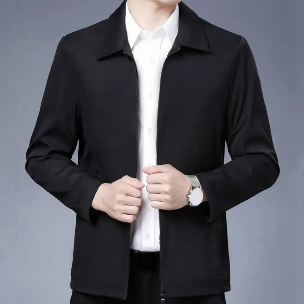 Zipper Pockets Men Jacket Elegant Mid-aged Mens Lapel Jacket Stylish Zipper Closure Straight Fit Soft for Formal 250117