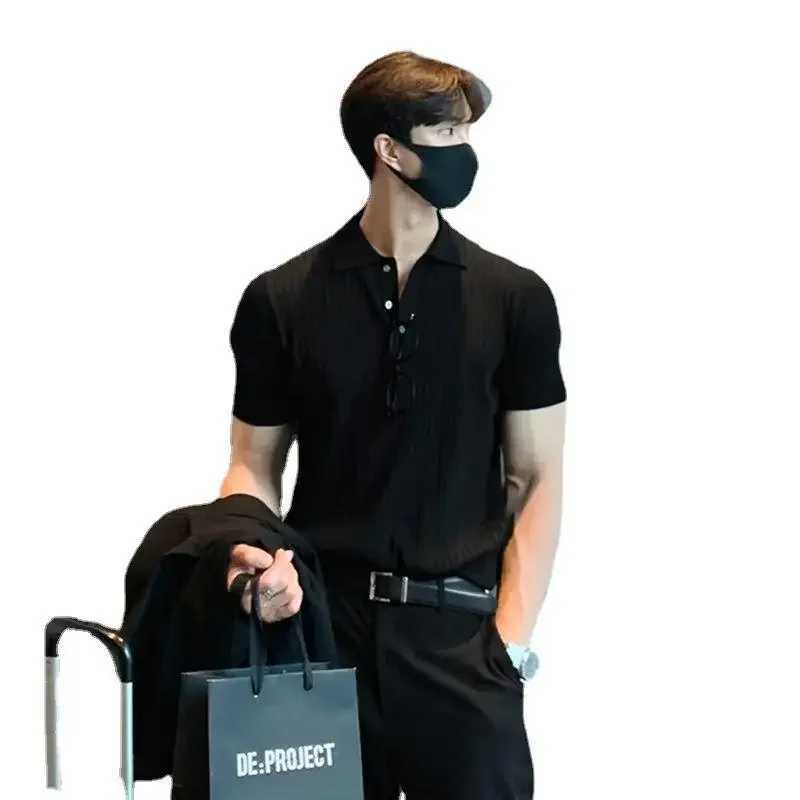 Trendy Casual Summer Polo Shirt For Men Solid Color Knitted Top Short Sleeves Base Layer Top Korean Style W250117