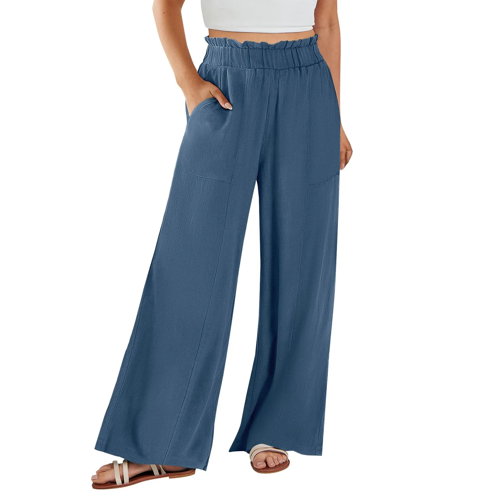Cotton Linen Summer Wide Leg Casual Loose Drawstring High Waist Palazzo Trousers With Pockets Womens Pants Z260314
