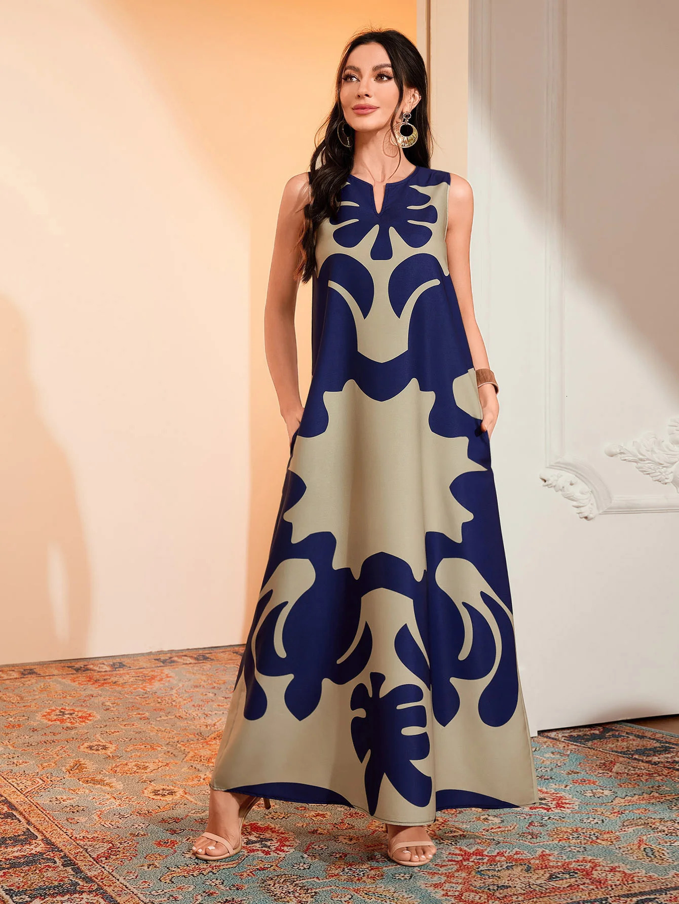 Womens summer Boho vintage maxi dress Womens pocket loose casual print A-line dresses 250117