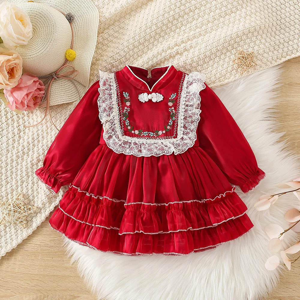 Autumn and Winter Girls Qipao Small Standing Neck Long Sleeve Dress Childrens Embroidered Ruffle Edge Pleated Large Skirt 250117