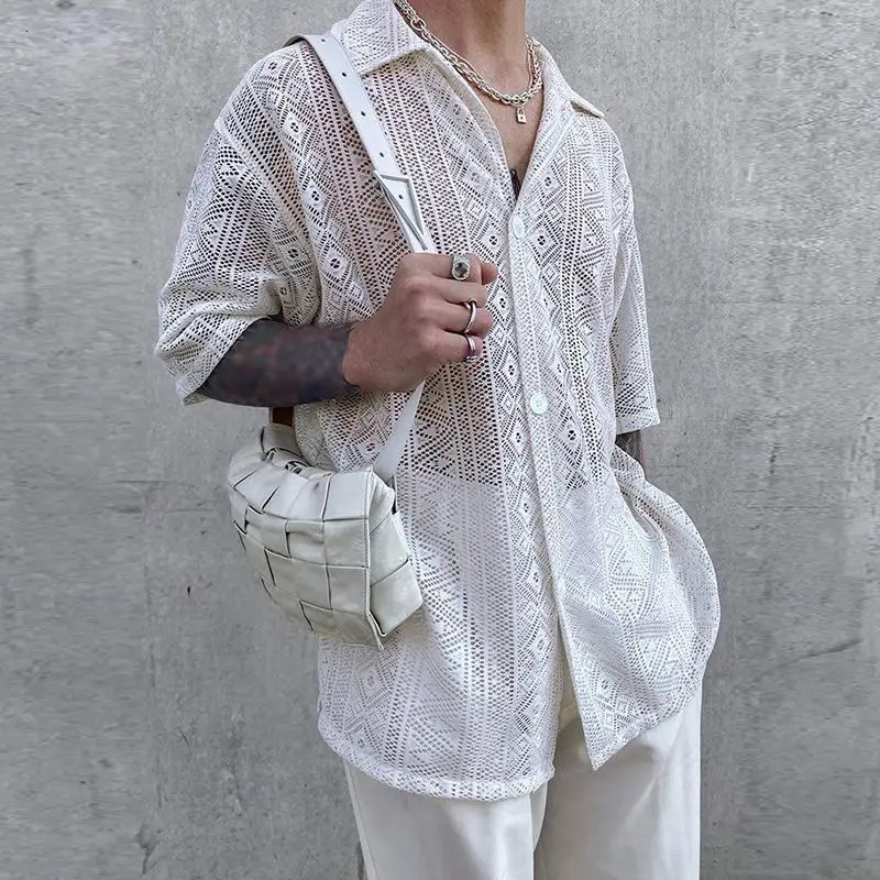Summer Mens Clothing Mesh See Through Mesh Sexy Shirt Short Sleeve Fishnet Button-down Retro Chic Streetwear Party Blouse S-5XL 250118