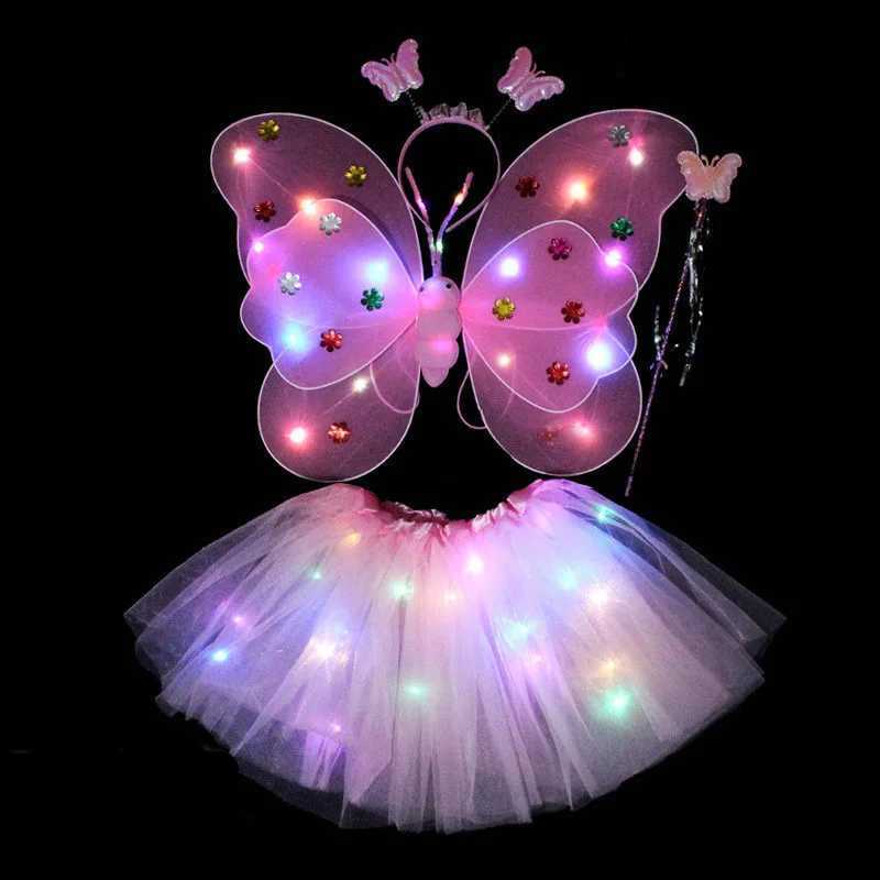 1set Glowing Kids Butterflies Fairy Wing Costume Set Stage Wear Girls Butterfly Wings Wand Headband Childrens Day Gift W250117