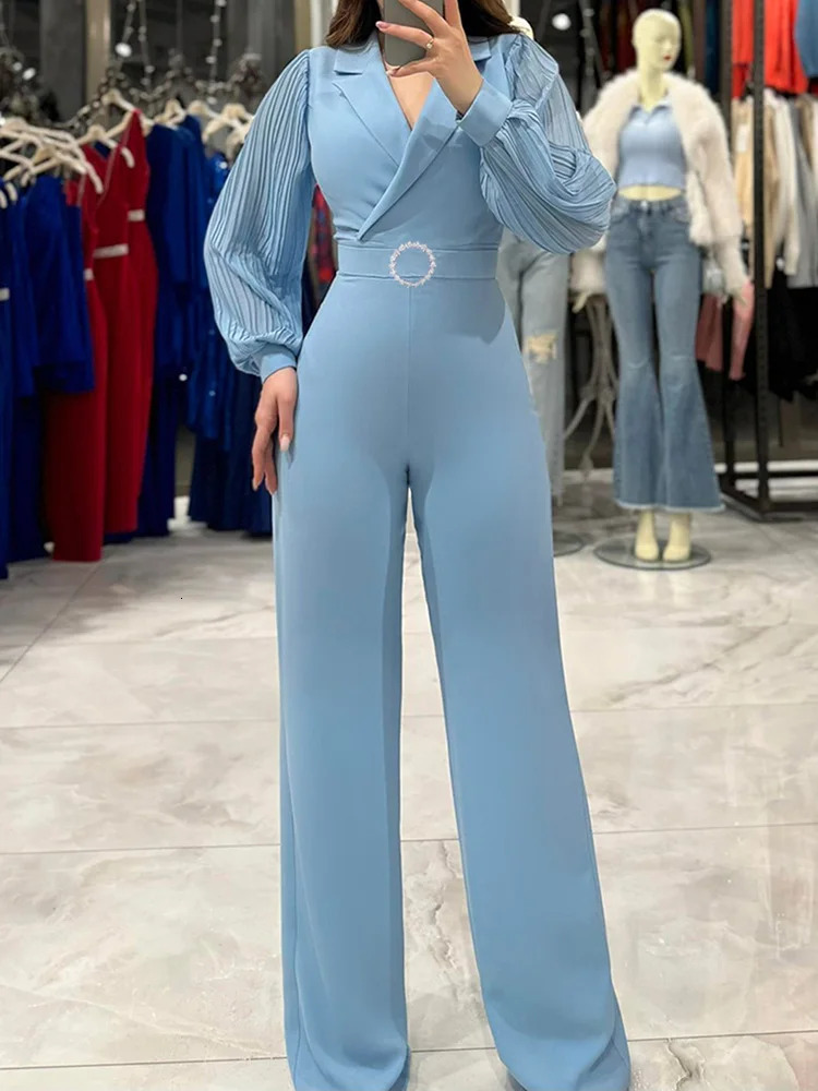 Women Long Sleeve Solid Patchwork Jumpsuits Spring Autumn Wide Leg Pants Simple Playsuits V Neck Fashion Ladies Bodysuits 250114