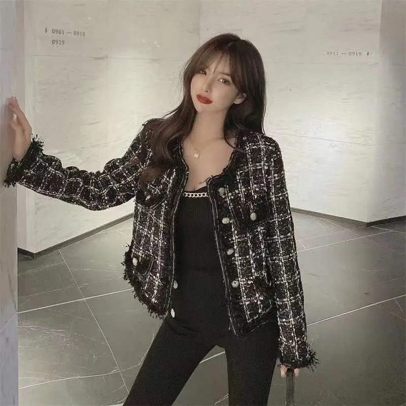 y Tweed Jacket Women Coat Long Sleeve Blazer Crop Short Tops Plaid Pockets Office Ladies Clothing 250122