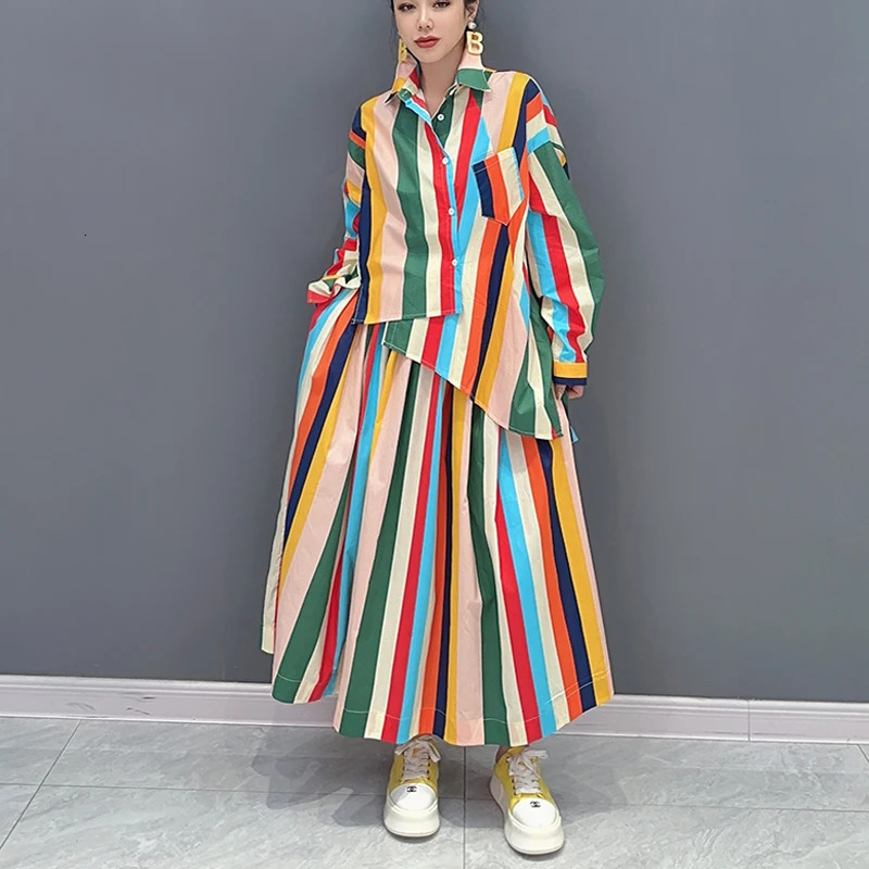 Korean style multicolor striped loose womens casual twopiece irregular shirt and skirt decal set JJSE033 250122