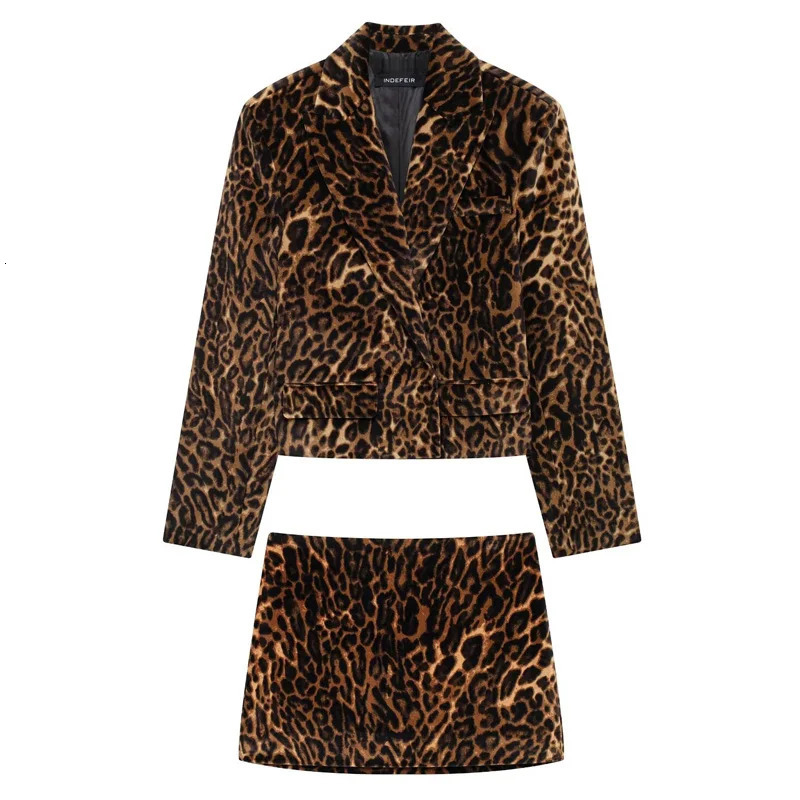 HXAO Leopard Velvet Ski Set Womens Two Piece Autumn Crop Jacket Elegant Mini High Waist 250122