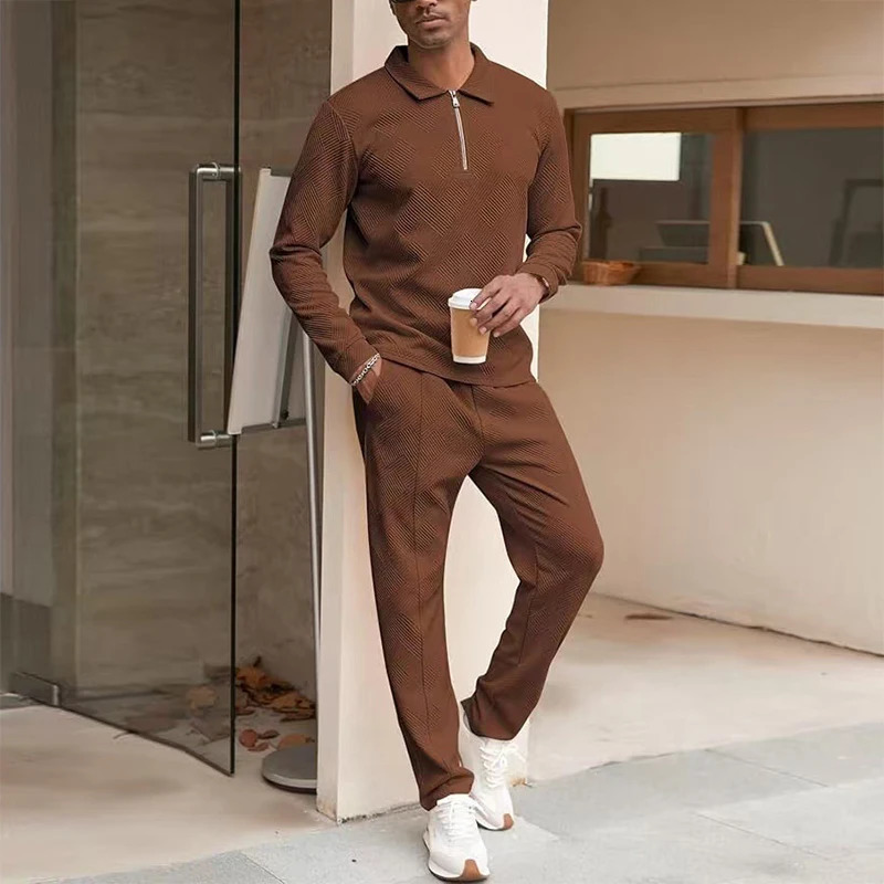 Casual Solid Color Textured Outfits For Mens Autumn Fashion Polo Shirt And Pants Two Piece Sets Men Clothing Vintage Suits Male 250109