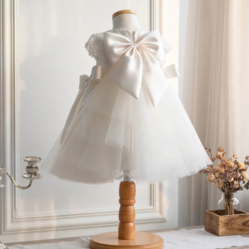 Lovely White Flower Girl Dress Short Sleeve Party Clothing Kids Birthday Gowns Wedding Dresses Princess Banquet Clothing 250120