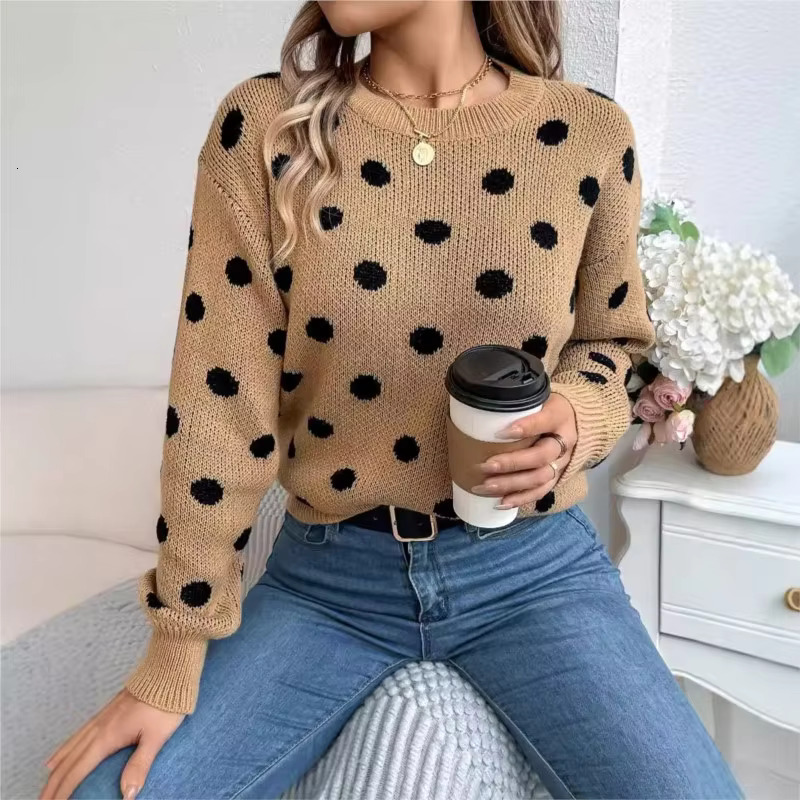 Fashion Knitted 2024 Autumn/Winter New Color Blocked Polka Dot Long Sleeve Hoodie Loose Casual Women's Sweater