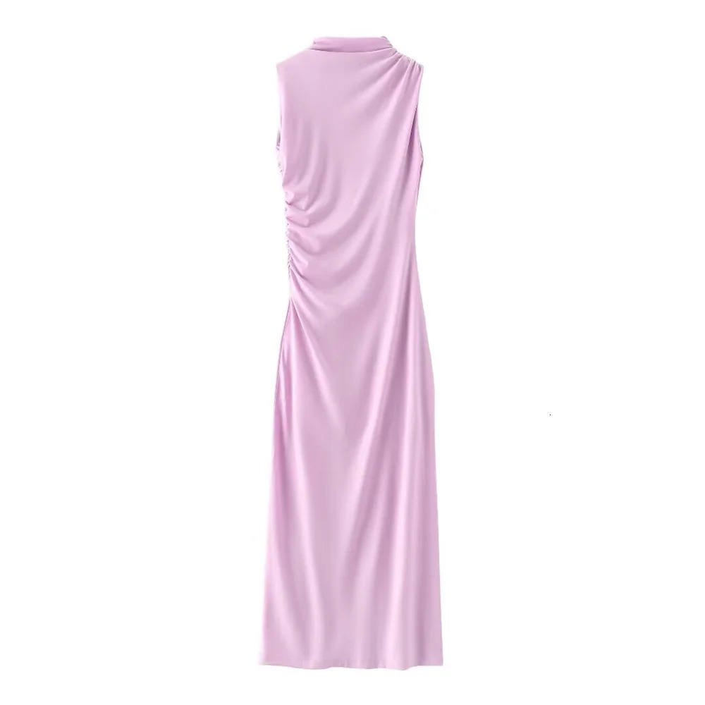 European And American Style 2024 Spring And Summer Womens Fashionable Temperament Solid Color Pleated Decorative Dress 250121