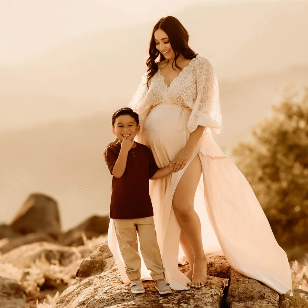 Maternity Dresses For Baby Showers Beige Lace Half Sleeved V-neck Short Top Two-Piece Boho Style Dress Po Shoot Pregnant 250116