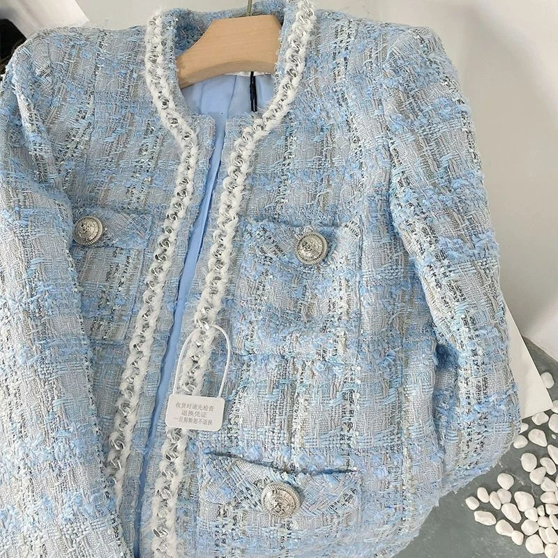 2023 Autumn Blazer Women Small Fragrant Woven Tweed Gentle Elegant Short Qulited Plaid Jacket Office Lady Cardigan Tops Coat 250113