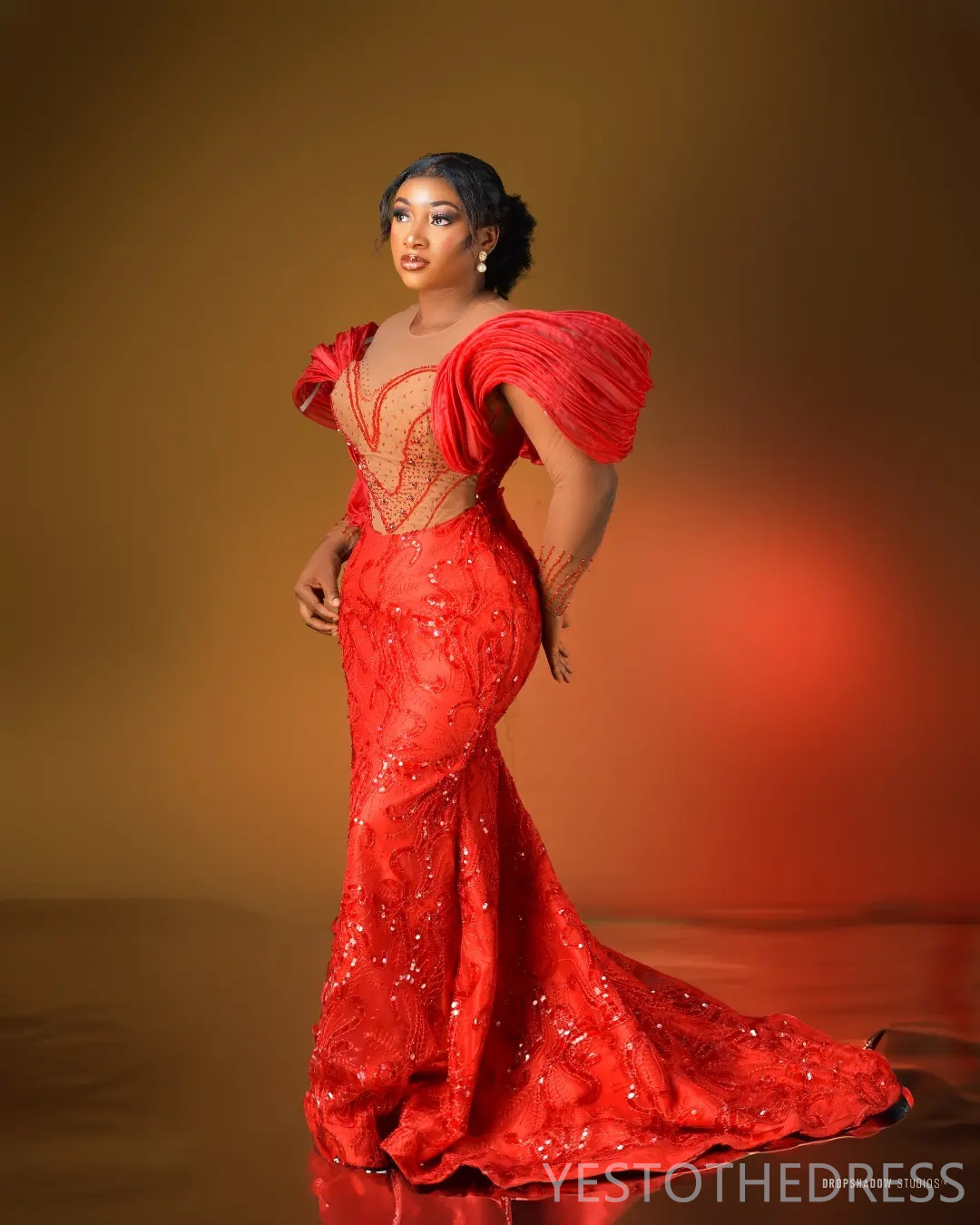 2025 Plus Size Red Aso Ebi Prom Dresses Mermaid Evening Gowns For Black Women Illusion Sheer Neck Long Sleeves Beaded Birthday Dress Second Reception 