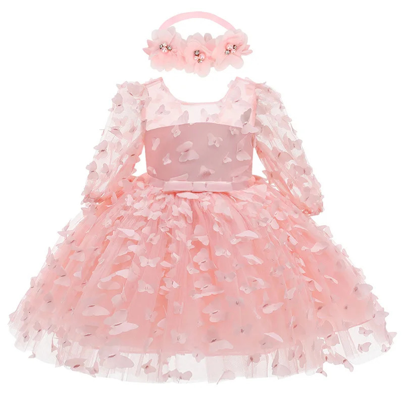 Baby Girl Dress Toddler Birthday Party Costume Long Sleeve Butterfly Sweet Princess Dresses Spring Summer Gauze Pink Midi Dress 250120