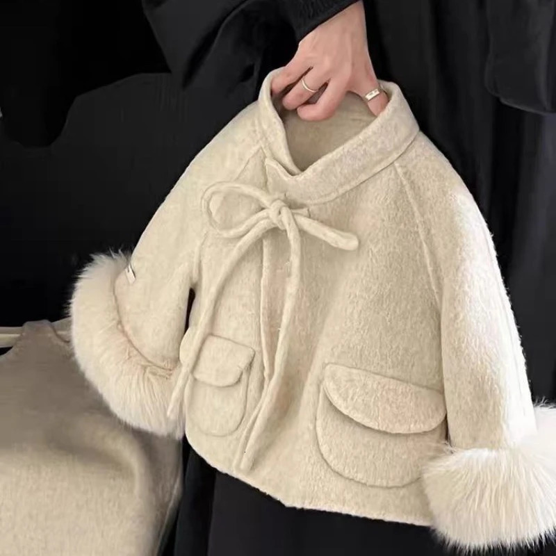 Elegant children clothing girl woolen jacket autumn and winter style girl western-style vest skirt fur edge woolen coat trend 250113
