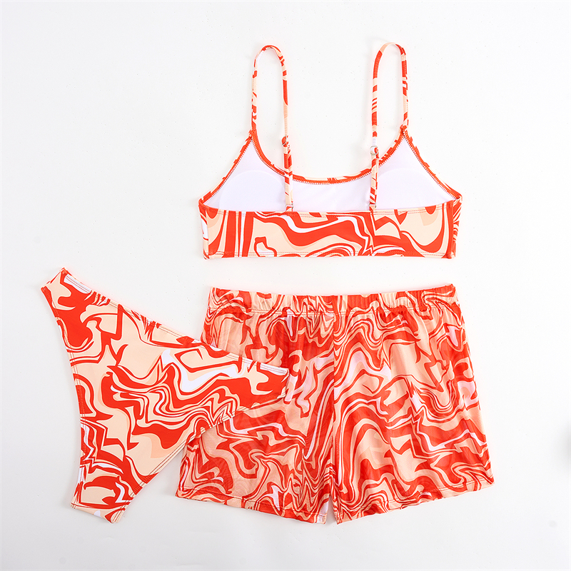 2025 Print Bikini Set with Mesh High Waist Beach Shorts Three Piece Swimsuit Women Push Up Swimwear Female Bather Bathing Swimming Swim Suit Beachwear