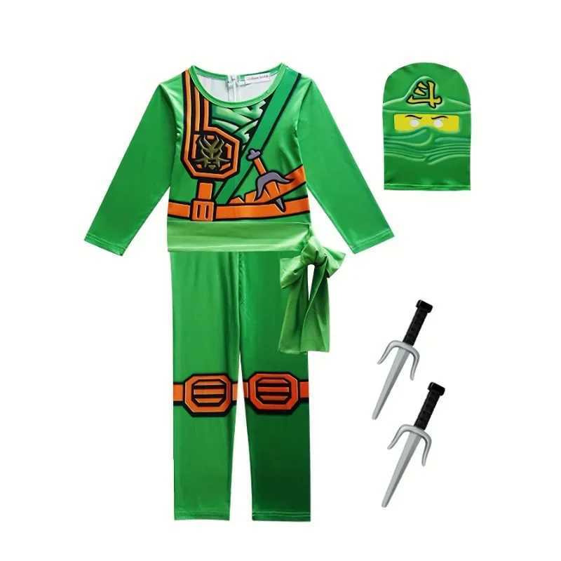 Boys Japanese Ninja Onesie Play Costume Printed Green Cartoon Anime Mask Costume Japanese Samurai Fork Halloween Dress Up Party W250117