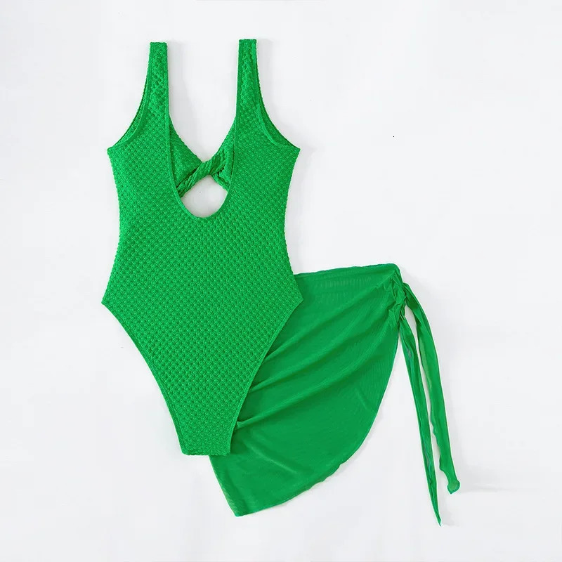 Cut Out Twist Front One Piece Swimsuit Women Knot Side Beach Skirt Solid Color Summer Swimwear Bathing Suit Give A Gift 250118