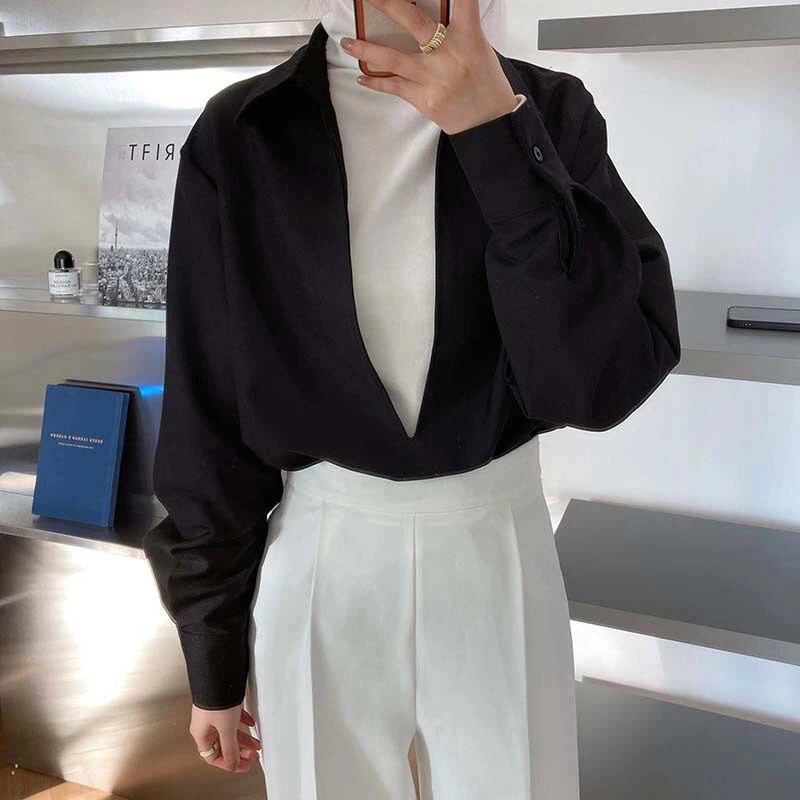 MEXZT Elegant Vintage Blouses Women Chic Long Sleeve V Neck Tops Office White Loose No Buttons Shirts Harajuku Outerwear Clothes 250122