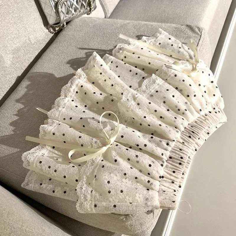 MEXZT Kawaii Dots Mini Skirt Women Japanese Cute Lace Bow Ball Gown Skirts Summer Korean High Waist Ruffles Casual A Line 250121