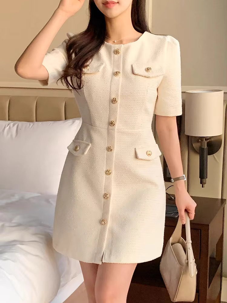 Temperament Small Fragrance O-Neck Vestidos 2024 Summer Korean Chic High Sense Tweed Puff Sleeve Dress Short Dresses Woman