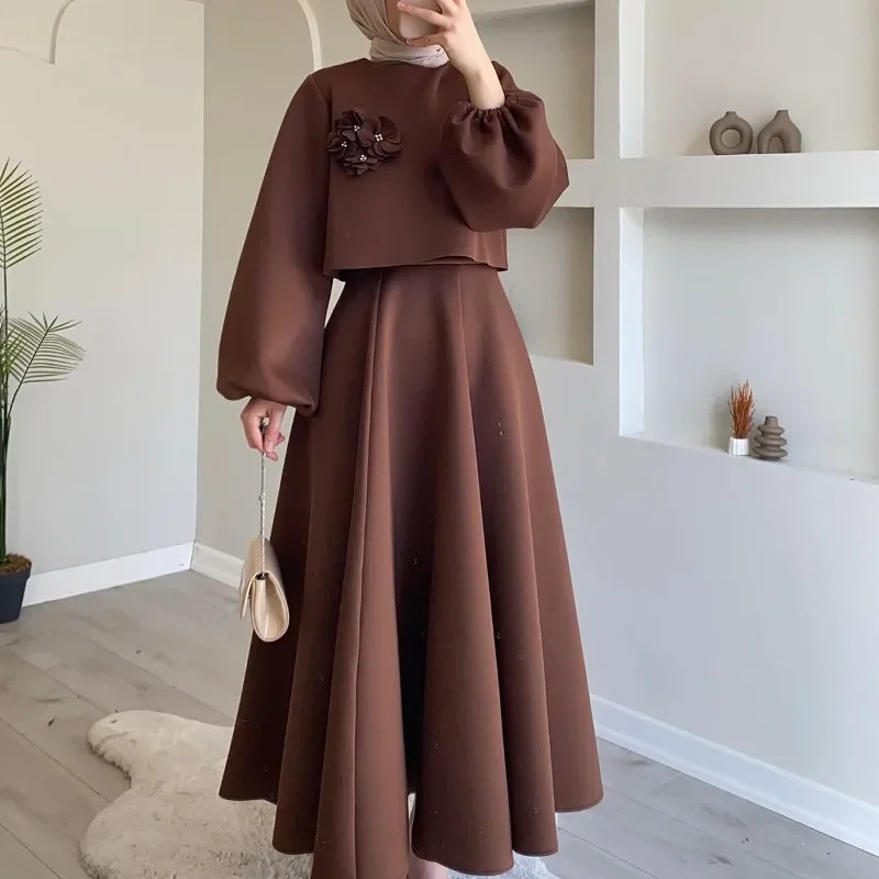 Autumn Womens Clothing Flower Three-Dimensional Decoration Lantern Sleeve Solid Color Skirt Suit Two-Piece Set 250122