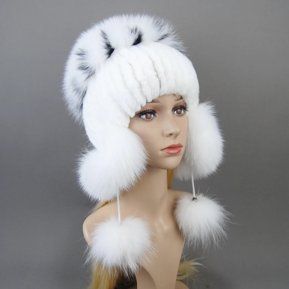 Elastic Knitted Rex Rabbit Fur Beanies Handmade Genuine Fur Hats with Fox Fur Ears Genuine Leather Snow Hats Suitable for Female ers 250109