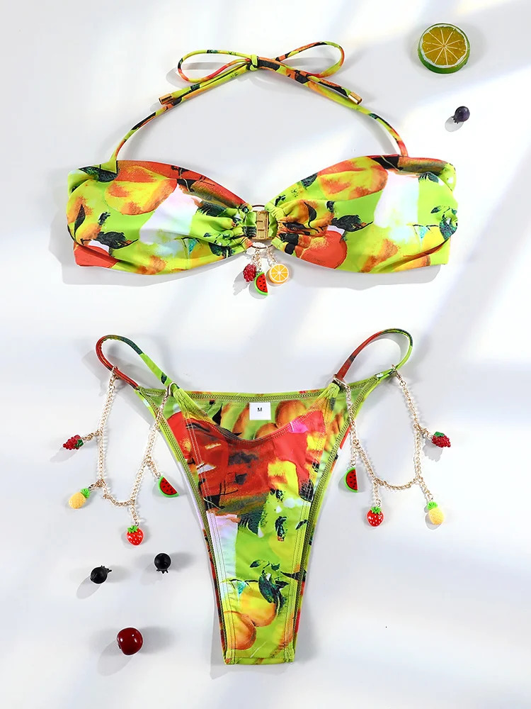 Miyouj Bikini Friut Print Swimsuit Bandeau Bathsuit Womens Swimwear High Cut Bathwear Bandage Biquini Two Pieces Suit 250117
