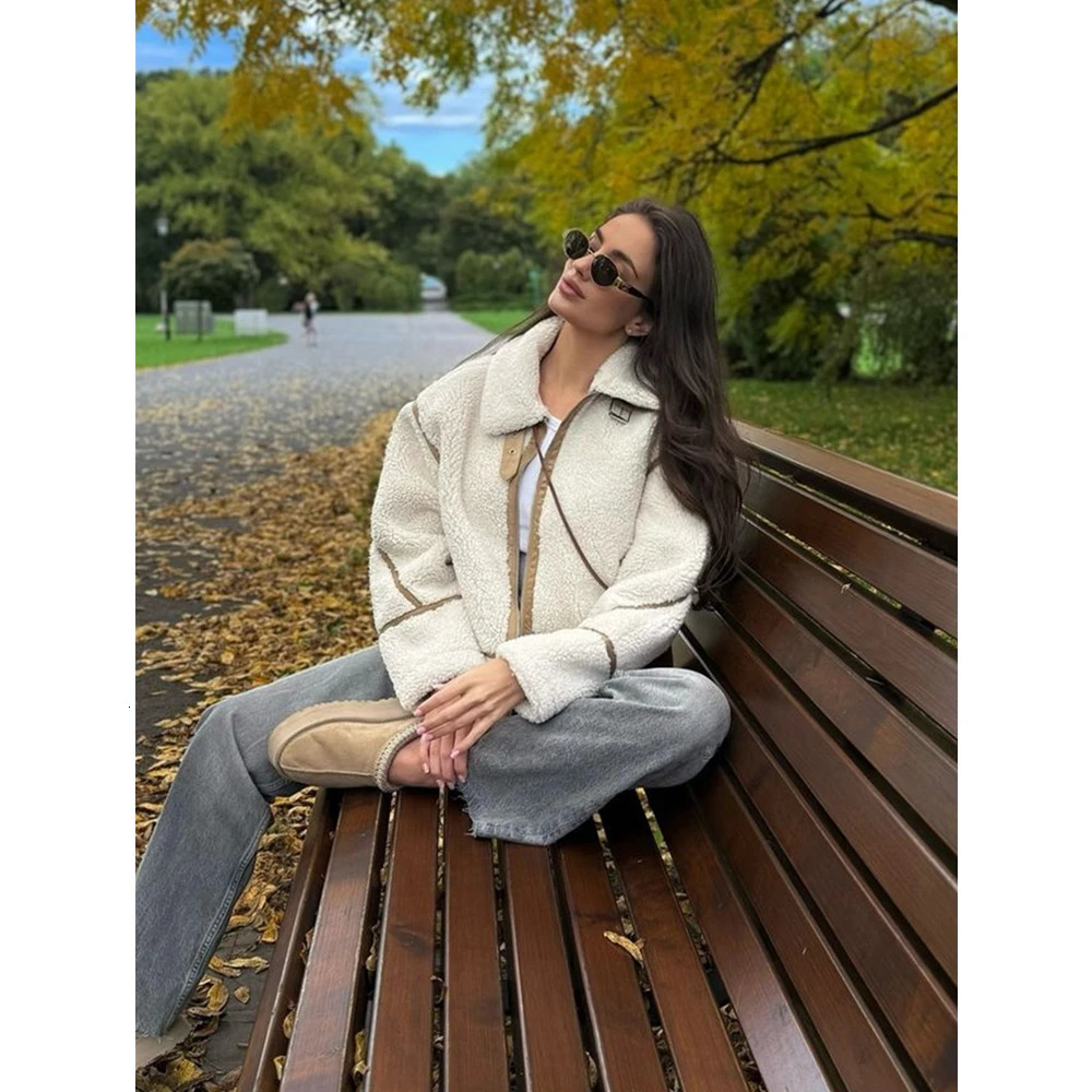 RZRA2024 winter womens clothing contrast color stripe fleece doublesided lapel jacket fashionable warm versatile 250109