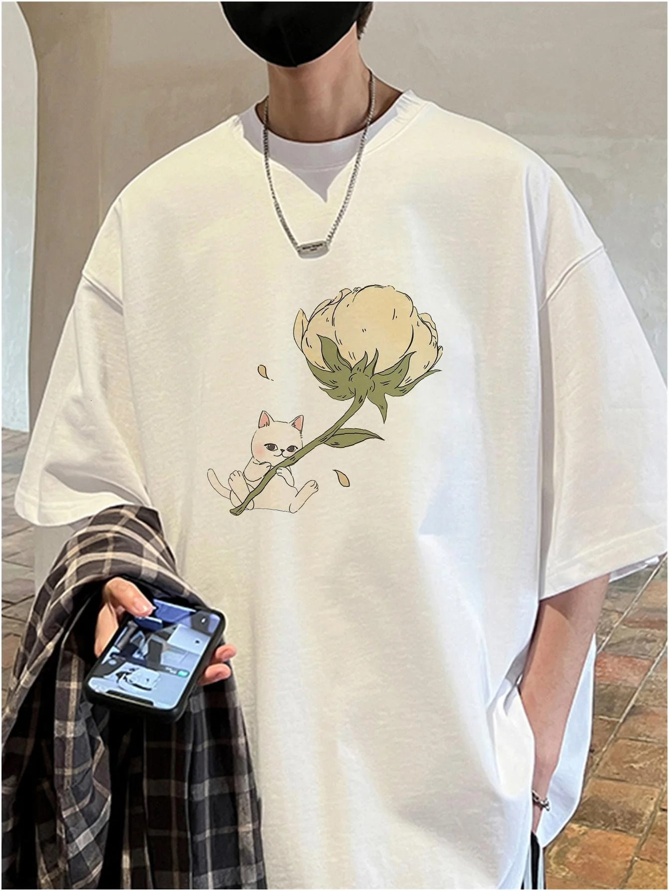 Harajuku Men Casual Loose Tshirts Flower Cat Graphic Unisex Kawaii Tops Short Sleeve Summer Male Tees 100 Cotton Y2k 250122